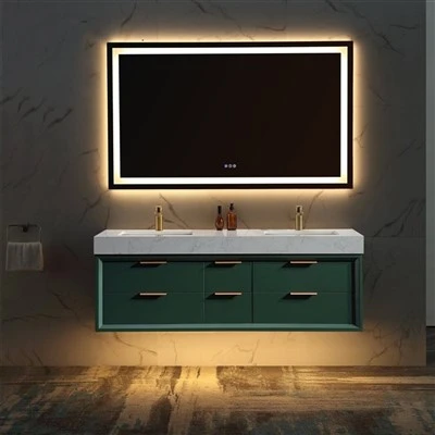 Cabinet Vanity Ystafell Ymolchi Gyda Goleuadau A Countertop Slab Cerrig mewn Gwyrdd